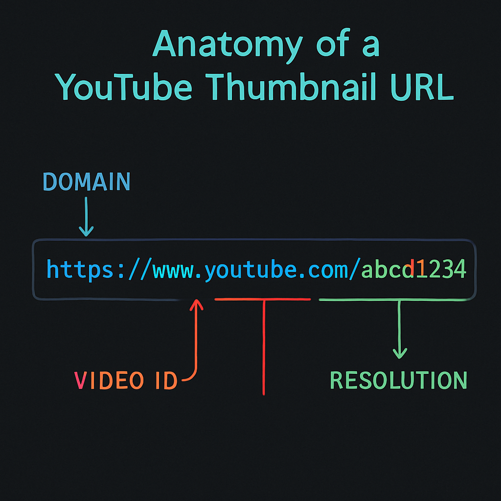 YouTube thumbnail URL trick diagram showing all quality tiers