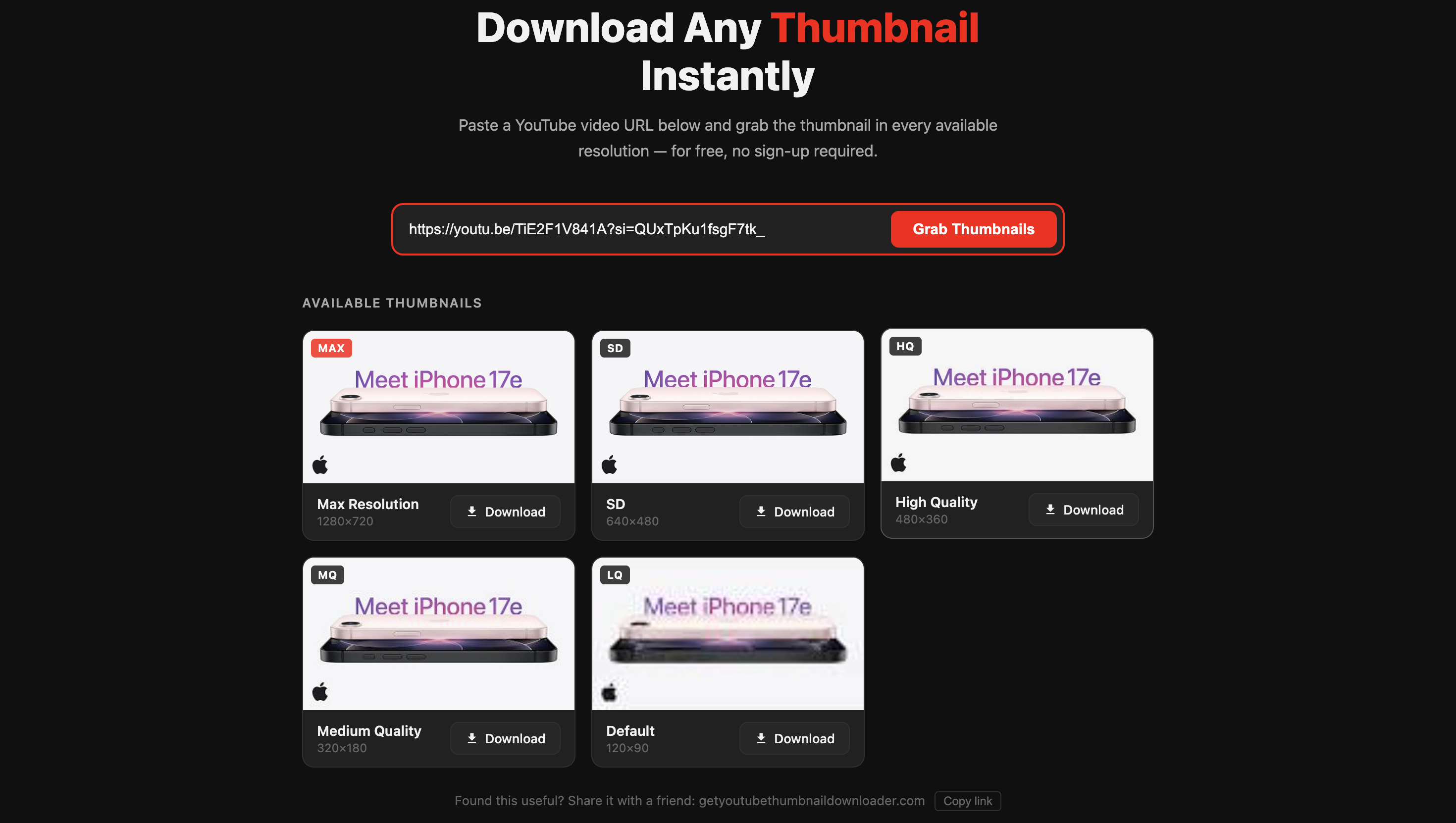 YouTube thumbnail downloader showing all 5 resolution options — Max HD 1280×720, SD 640×480, HQ 480×360, MQ 320×180, and LQ 120×90