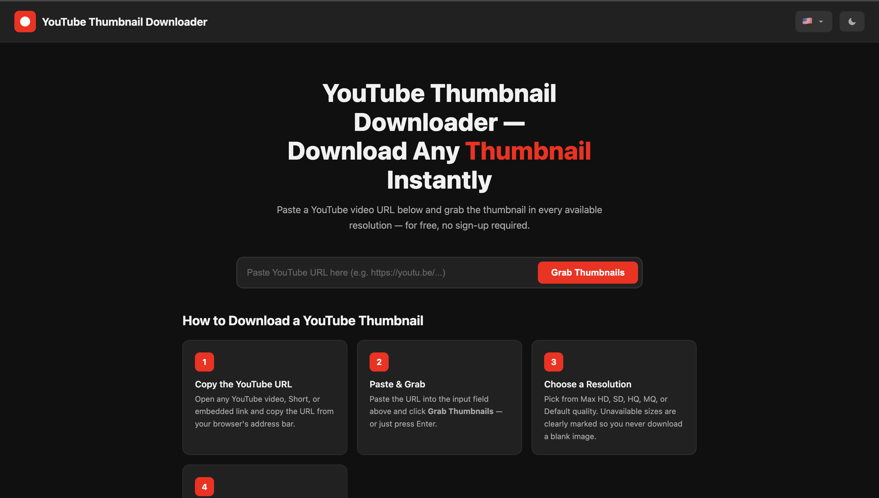 YouTube Thumbnail Downloader tool homepage — paste a YouTube URL to download thumbnails in HD for free
