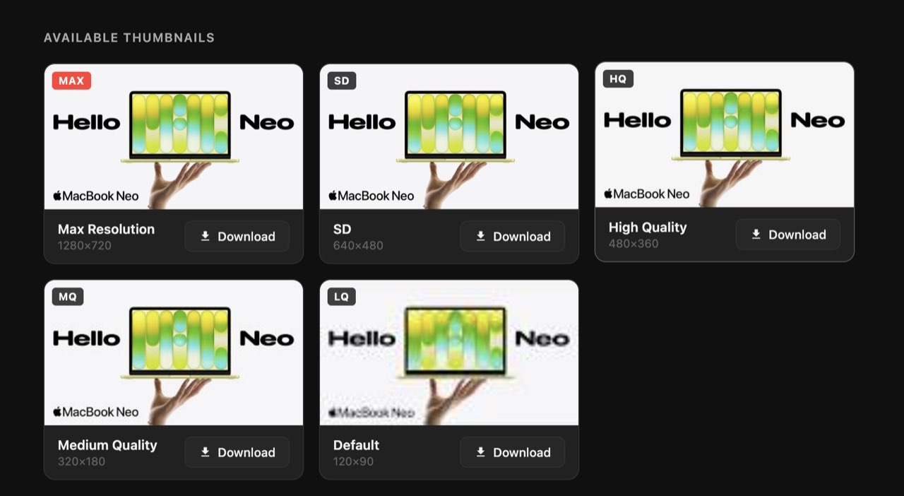 YouTube thumbnail downloader showing all five resolutions: Max (1280×720), SD (640×480), HQ (480×360), MQ (320×180), and Default (120×90)